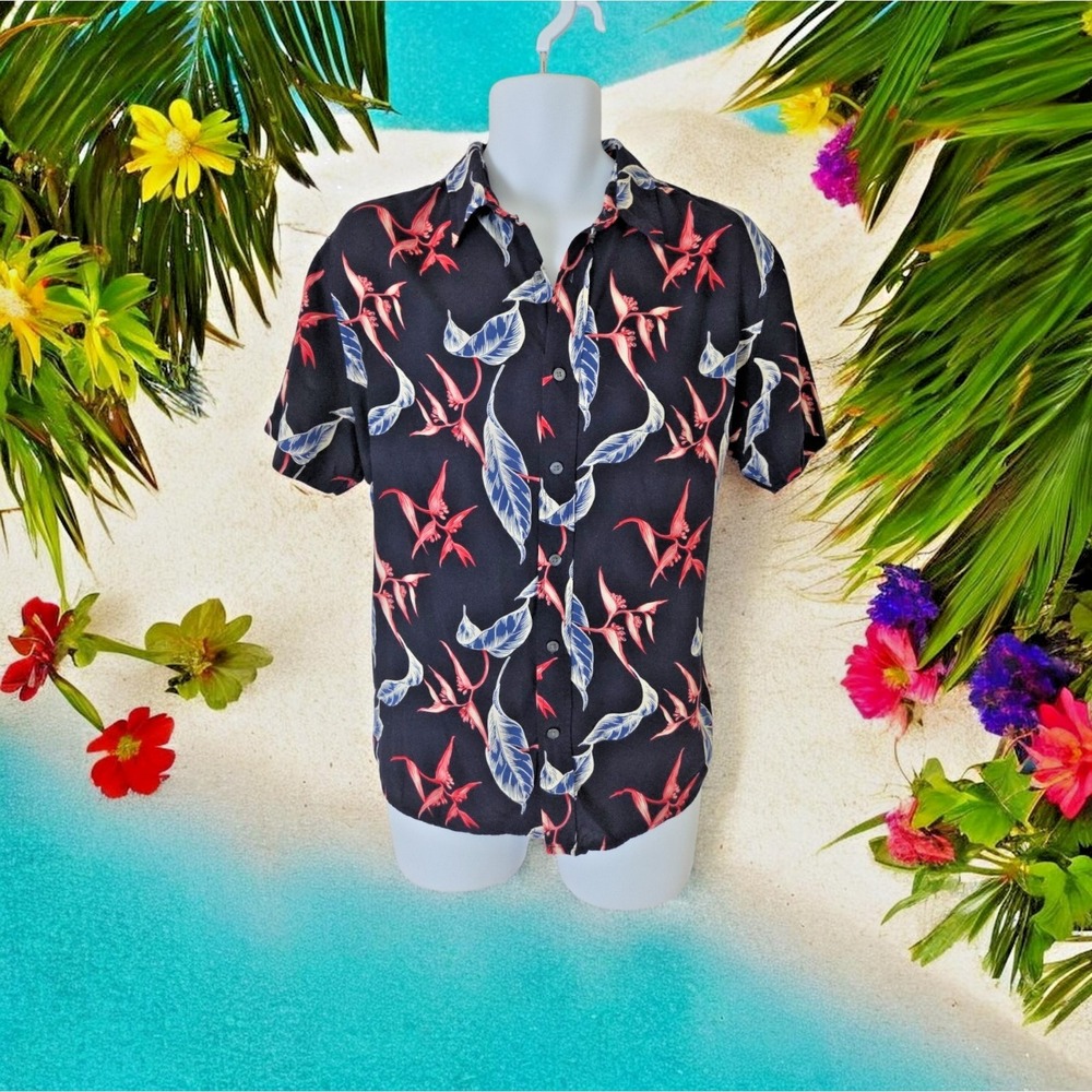 Cotton & Co Hawaiian Shirt L Navy Tropical‎ Casual Resort Wear Vacation Coastal